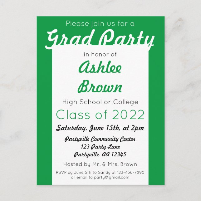Green White Bold Grad Party Graduation Invitation Postcard (Front)
