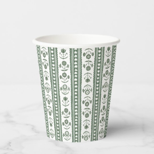 Green & White Botanical Block Print Paper Cups (Front)