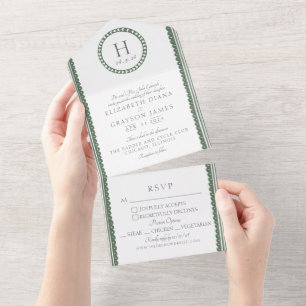 Green & White Botanical Block Print Wedding All In One Invitation
