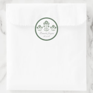 Green & White Botanical Block Print Wedding Classic Round Sticker