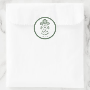 Green & White Botanical Block Print Wedding Classic Round Sticker