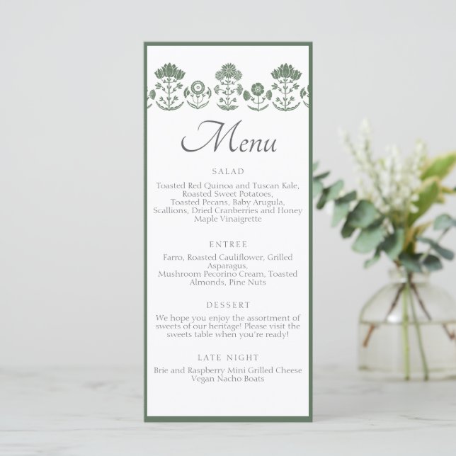 Green & White Botanical Block Print Wedding Menu (Standing Front)
