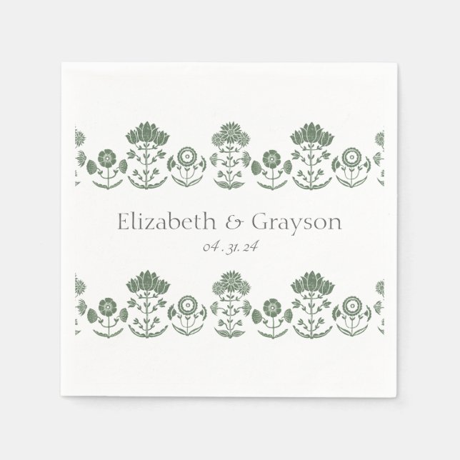 Green & White Botanical Block Print Wedding Napkin (Front)