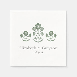 Green & White Botanical Block Print Wedding Napkin