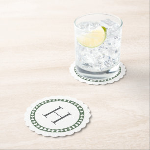Green & White Botanical Block Print Wedding Paper Coaster
