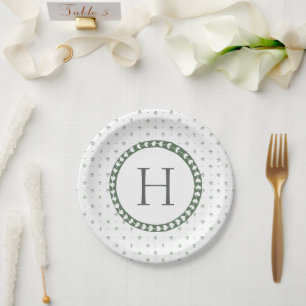 Green & White Botanical Block Print Wedding Paper Plate