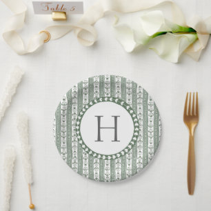 Green & White Botanical Block Print Wedding Paper Plate