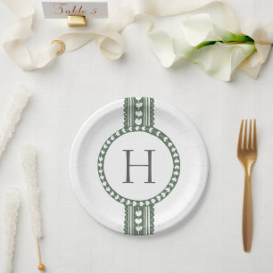 Green & White Botanical Block Print Wedding Paper Plate