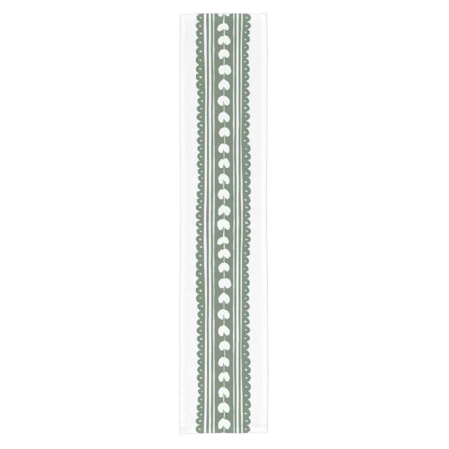 Green & White Botanical Block Print Wedding Short Table Runner (Front)