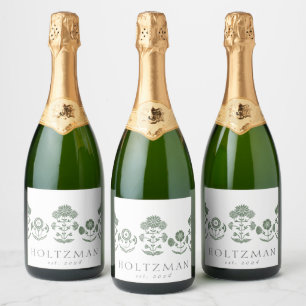 Green & White Botanical Block Print Wedding Sparkling Wine Label