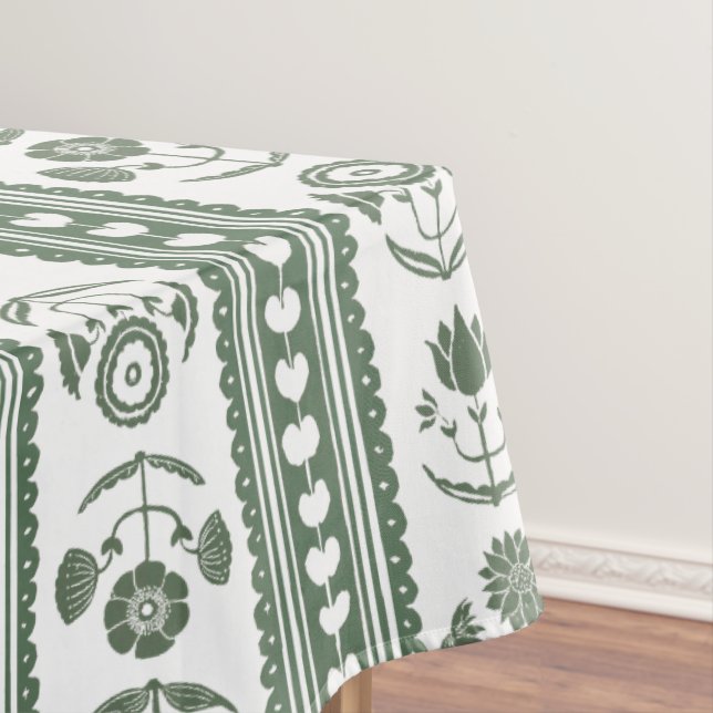 Green & White Botanical Block Print Wedding Tablecloth (In Situ)