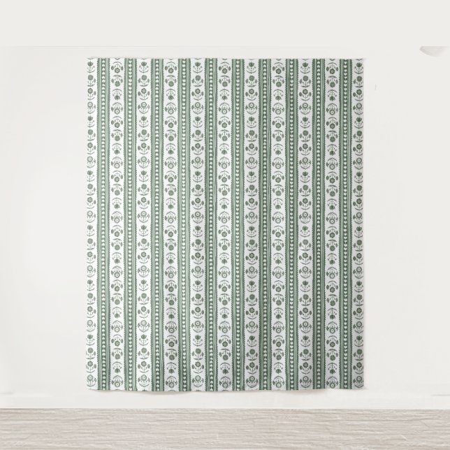Green & White Botanical Block Print Wedding Tapestry (Front)