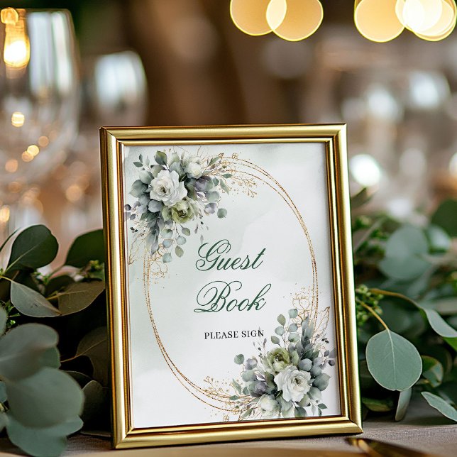Green White Botanical Guest Book Tabletop Sign (Green White Botanical Guest Book Tabletop Sign)