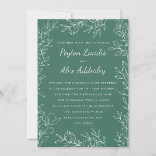 ]Green White Botanical Line Art Wedding Invitation