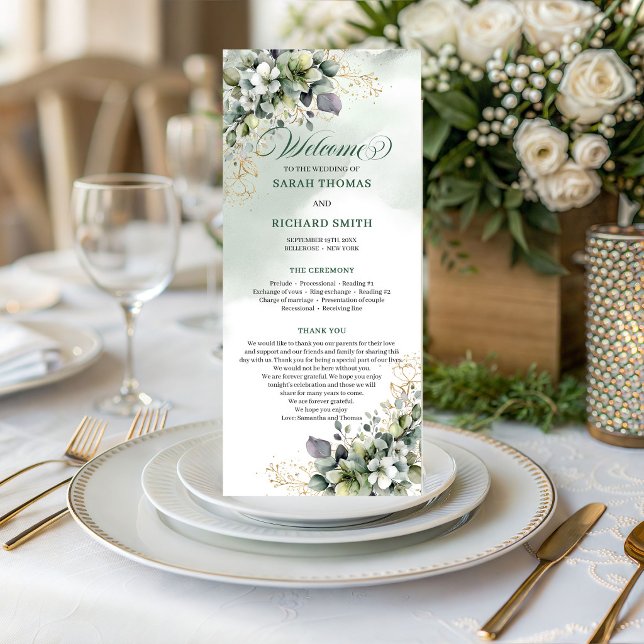 Green White Botanical Watercolor Wedding Program Programme (Green White Botanical Watercolor Wedding Program)