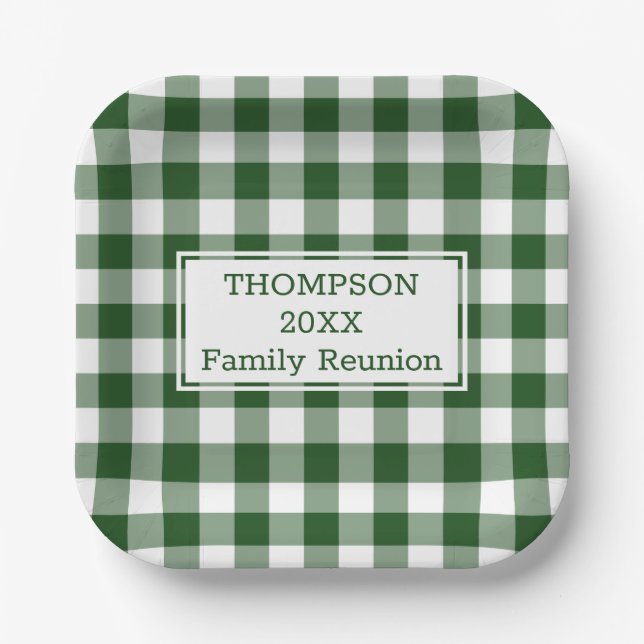 Green White Buffalo Check Family Reunion Paper Plate (Front)