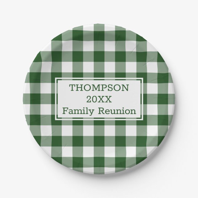 Green White Buffalo Check Your Name Family Reunion Paper Plate (Front)