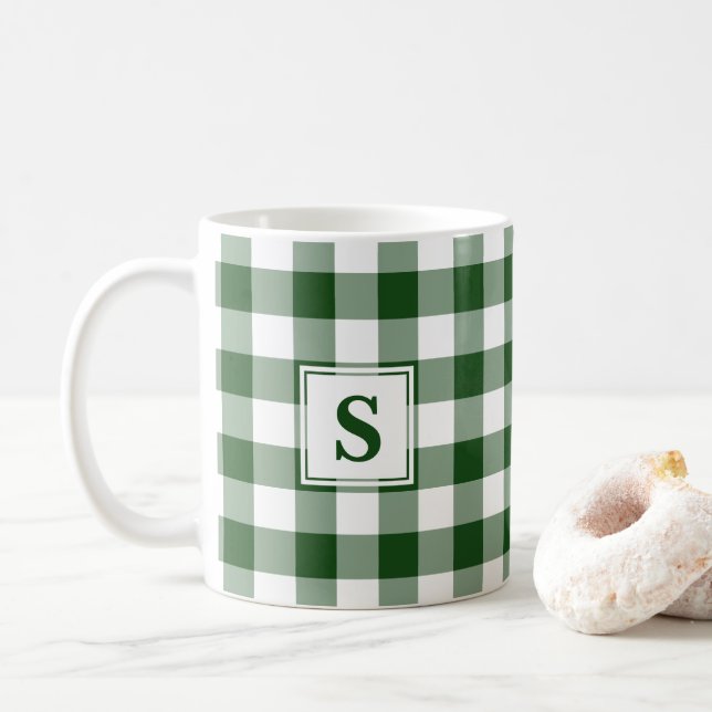 Green White Buffalo Plaid Pattern with Monogram Coffee Mug (With Donut)