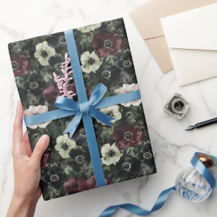 Green White Burgundy Flowers Birthday Wrapping Paper