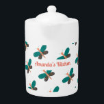 Green White Butterfly Dragonfly Pattern Elegant<br><div class="desc">Green White Elegant Butterfly Dragonfly pattern teapot. Use personalise this template option to change text. Use Edit tool to change text colour.</div>