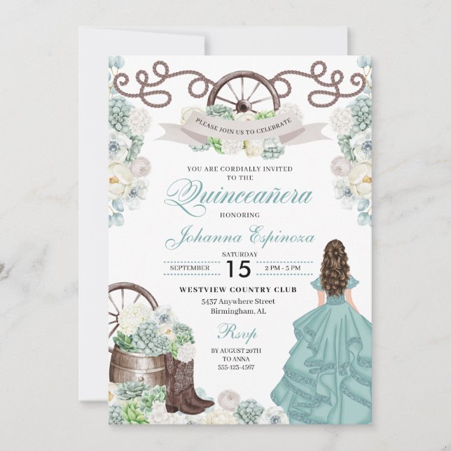 Green White Cacti Western Boots Charra Quinceañera Invitation (Front)