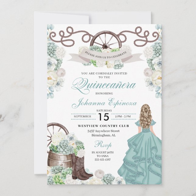 Green White Cacti Western Boots Charra Quinceañera Invitation (Front)