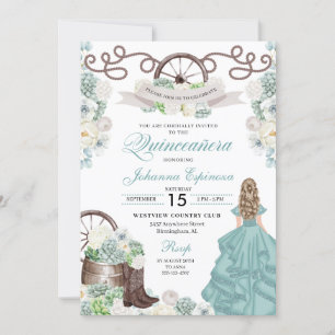 Green White Cacti Western Boots Charra Quinceañera Invitation
