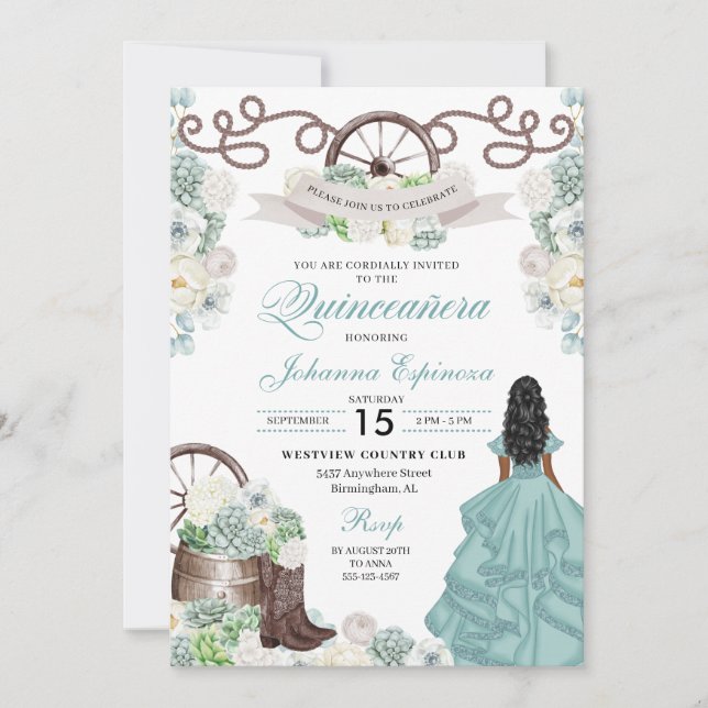 Green White Cacti Western Boots Charra Quinceañera Invitation (Front)