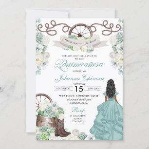 Green White Cacti Western Boots Charra Quinceañera Invitation