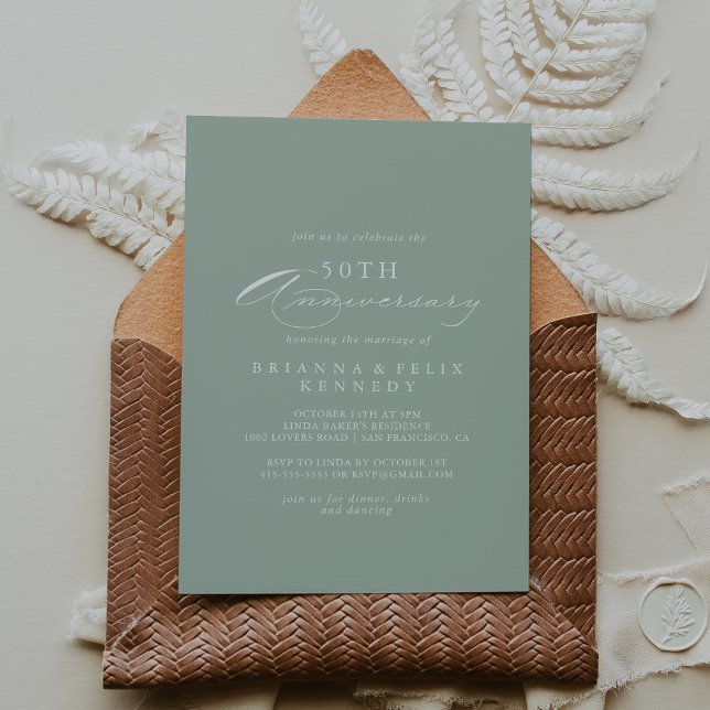 Green White Calligraphy 50th Wedding Anniversary  Invitation (Creator Uploaded)