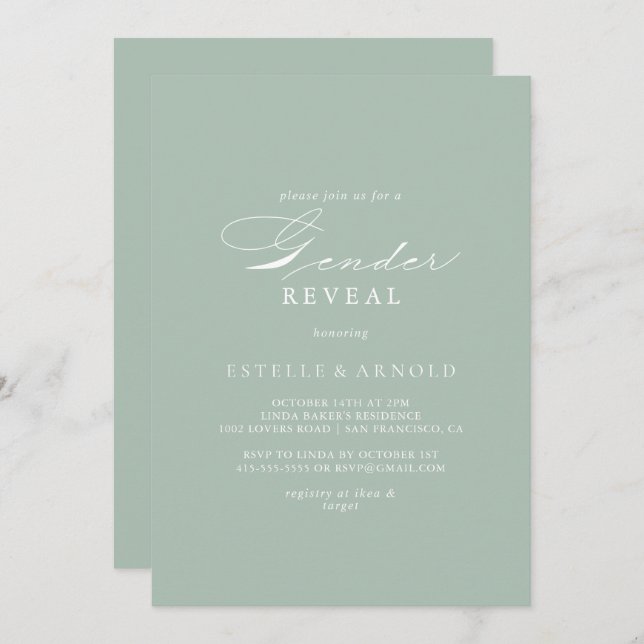 Green White Calligraphy Gender Reveal Party   Invitation (Front/Back)