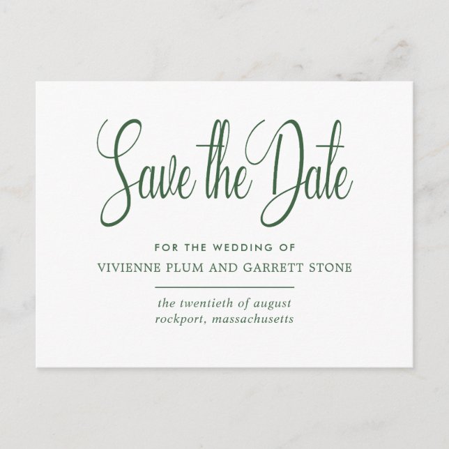 Green & White Calligraphy Wedding Save the Date Invitation Postcard (Front)