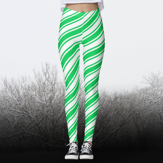Green White Candy Cane Diagonal Stripe Christmas Leggings (Creator Uploaded)