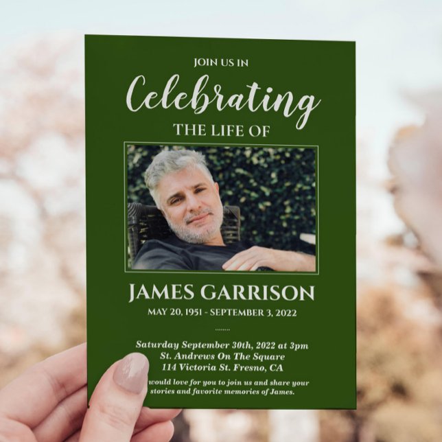 Green White Celebration of Life Photo Memorial Invitation (Creator Uploaded)