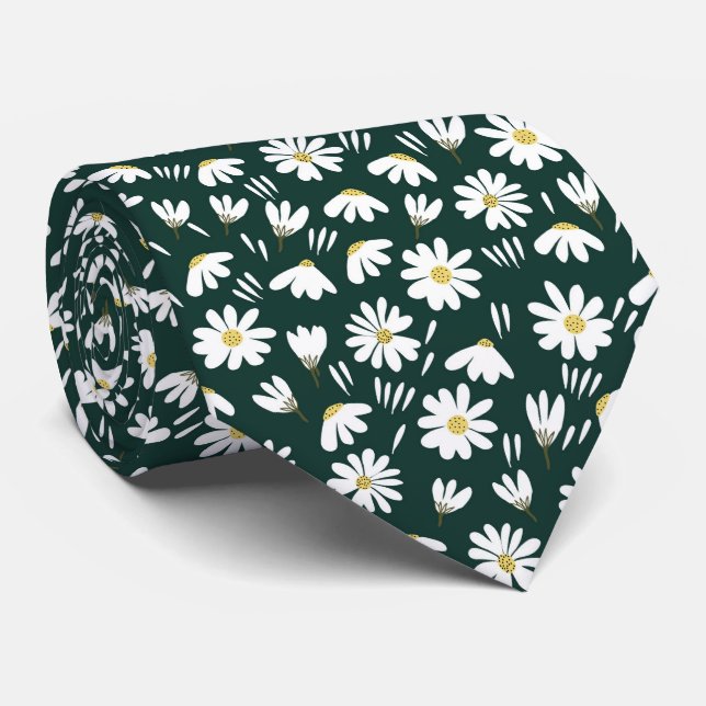 green white chamomile floral pattern tie (Rolled)