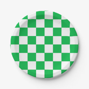 Green White Chequered Check Pattern Paper Plate