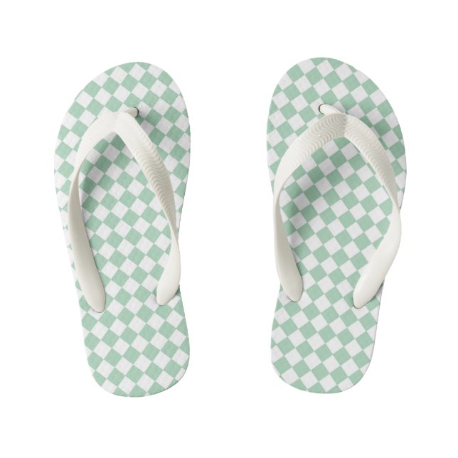Green White Chequered Diamond Pattern  Kid's Flip Flops (Footbed)