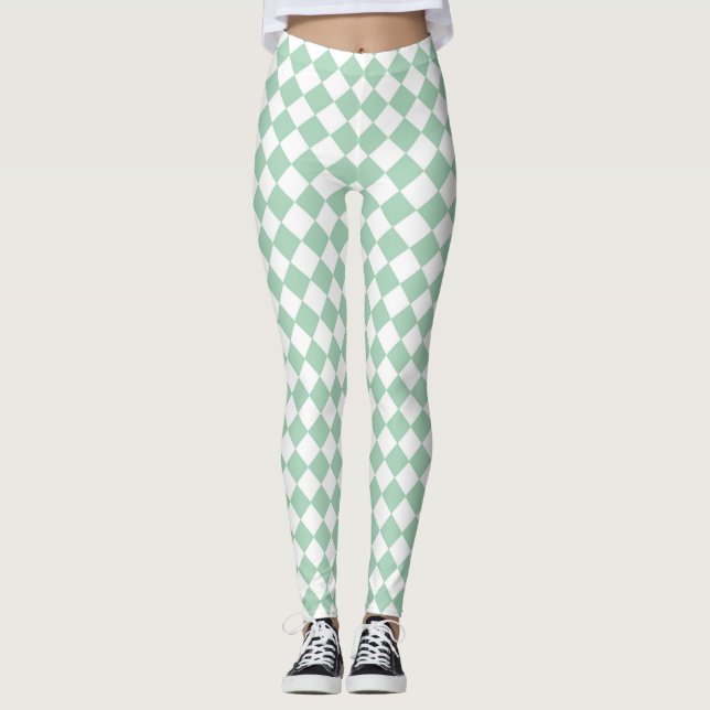 Green White Chequered Diamond Pattern  Leggings (Front)