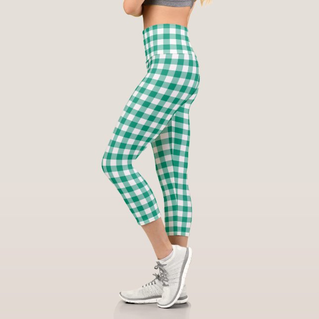 Green White Chequered Gingham Plaid Pattern Capri Leggings (Left)