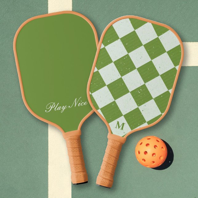 Green White Chequered Pattern Monogram Play Nice Pickleball Paddle (Creator Uploaded)