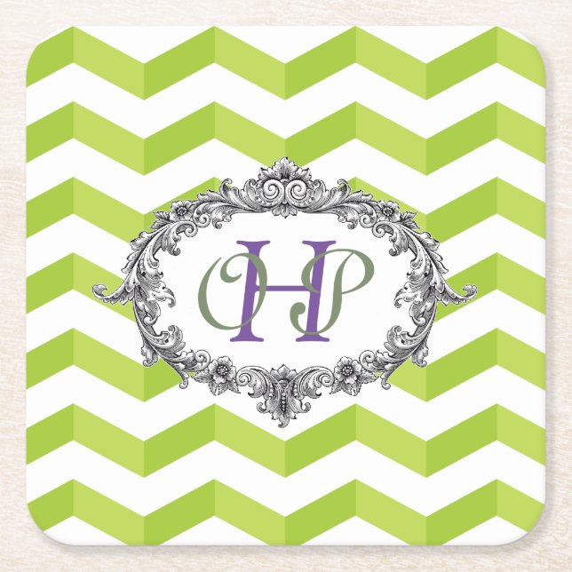 Green & White Chevrons and Oval Frame w/ Monogram Square Paper Coaster (Front)