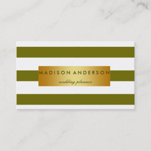 Green & White Chic Stripes in Gold Business Card