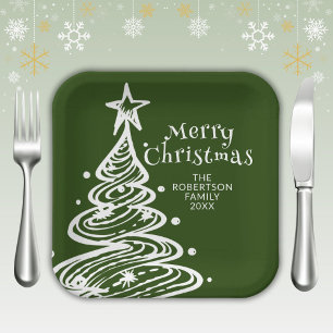 Green White Christmas Tree Party Paper Plate