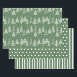 Green White Christmas Trees Polka Dots Stripe Wrapping Paper Sheet<br><div class="desc">Three sheet green and white Christmas wrapping paper set. Sheet 1 is green and covered with white Christmas trees. Sheet 2 is a coordinating green with white polka dot pattern, and sheet 3 is green with a white striped pattern. Contact us for help with customisation or to request matching or...</div>