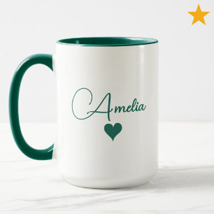 Green White Custom Name Cursive Typography Heart Mug