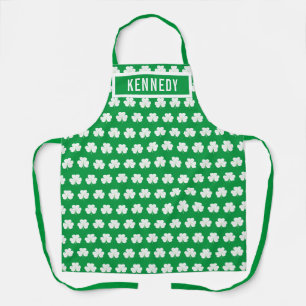 Green White Custom Name Shamrock Clover Pattern Apron
