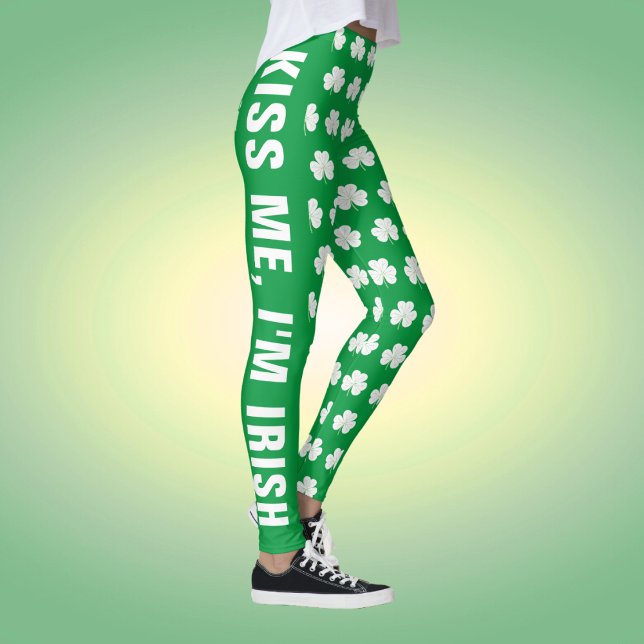 Green White Custom Text Shamrock Clover Pattern Leggings (Creator Uploaded)
