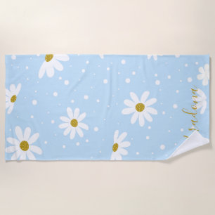 Green White Daisy Gold Personalised Beach Towel