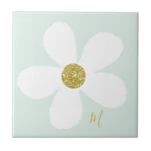 Green White  Daisy Simple Floral Gold Personal Tile