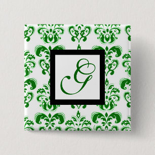 GREEN WHITE DAMASK BLACK SQUARE MONOGRAM 15 CM SQUARE BADGE